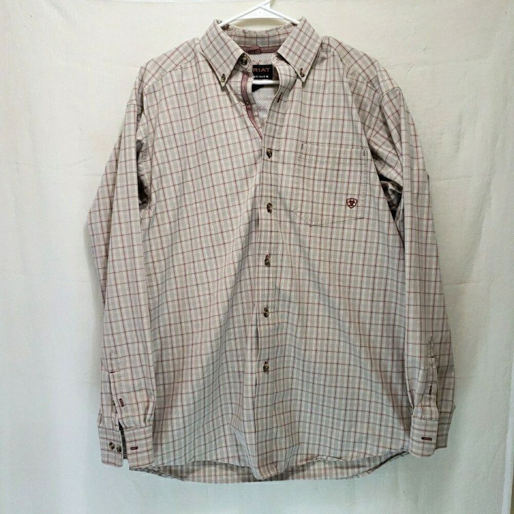 Ariat Pro Series Men's L Plaid Long Sleeve Button Down Work Shirt Venting Tan